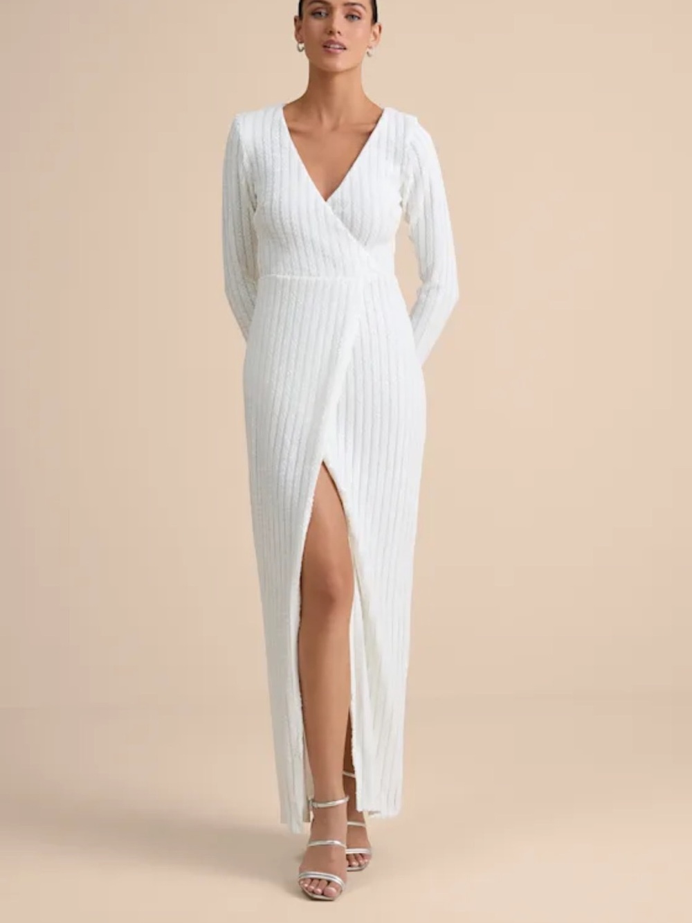 Lulu's White Ribbed Wrap Maxi Dress with Front Slit